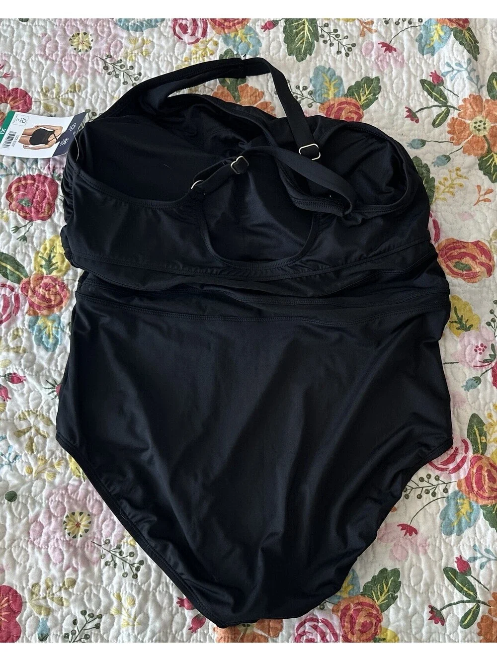 NWTS Lands End Black One Piece Mesh Detail Slimming Classic Swimsuit Size XL